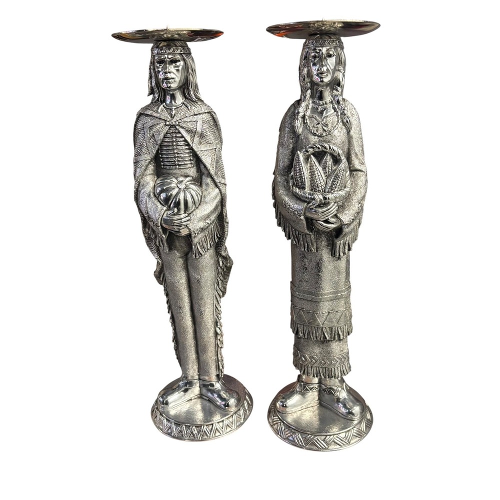 Vintage Silver Metal Indigenous Figures Candle Holders Pair‎ Man Woman 13"